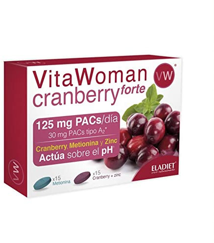 Eladiet Complemento Alimenticio con Arándano Rojo, Metionina y Zinc - Vita Woman Cranberry Forte - 15 Comprimidos Azules y 15 Comprimidos Rojos - Favorece el Buen Estado de las Vías Urinarias