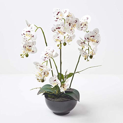 HOMESCAPES Artificial White Orchid in Pot 62 cm Tall Lifelike Faux Orchid Plant In Black Ceramic Bowl with Real Touch Silk Flowers and Green Leaves Phalaenopsis Orchid Flower for Indoor Decoration