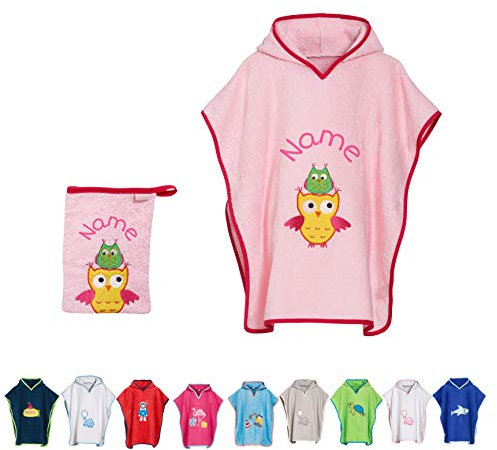 Stickling SET Kinder Badetuch Poncho und Waschhandschuh Waschlappen bestickt | personalisiert mit Namen | Baby Kapuze Bademantel | Robe | Baumwolle (rosa Eule S)