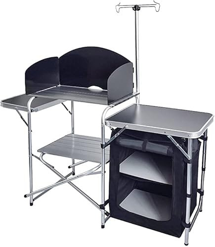 CAMP SOLUTIONS Folding Cooking Table Outdoor Portable Cook Station Aluminum Camping Kitchen with Storage Organizer, Windscreen, Hooks for BBQ, Party (Black)