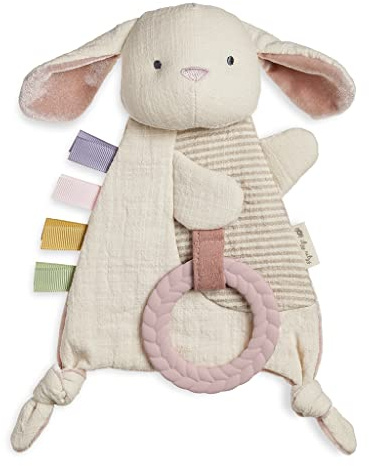 Itzy Ritzy - Bitzy Crinkle Sensory Toy Bunny with Crinkle Sound for Babies & Toddlers - Features Soft Braided Teething Ring & Textured Ribbons, Designed for Ages 0 Months and Up, Bunny