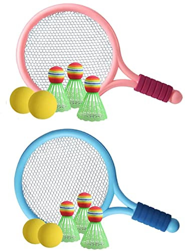 Kinder Federballset Kids,Kinder Tennisschläger mit Tragetasche,4 Soft Trainingsbälle und 6 Badminton Birdies Kinder Tennisschläger,Tennisschläger Geschenkset für Kinder Outdoor Indoor Sport für 14+