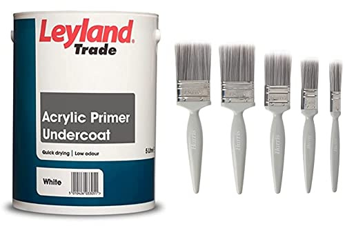 Leyland Trade Acrylic Primer Undercoat - White 5L and Harris Essentials Walls & Ceilings Paint Brush Set | Pack of 5 | 0.5, 1, 1.5, 2