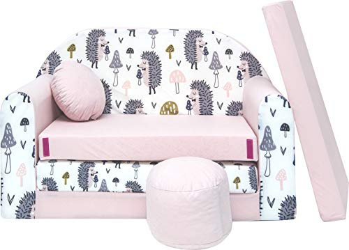 All4All Kindersofa Schlafsofa 3in1 Velo Spielsofa für Kinder Sofa zum Aufklappen Funzy Kindercouch mit Schlaffunktion Verschiedene Muster Grau Rosa Grün Tiermuster Bequem (HX1 Rosa + Igel)