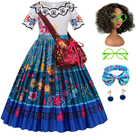 Eleasica Costumi per bambini Mirabel Encanto Travestimento Vestito Parrucca Vestito Fascia per capelli Orecchini Borse Abiti Natale Partito Regalo di Compleanno Carnevale Halloween,Blu,160