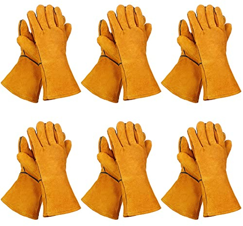 Bonuci 6 Pairs Cowhide Split Leather Welding Gloves Heat Resistant Forge Welding Gloves Rigger Gloves Warehouse Heavy Duty Animal Handling Glove Yardwork