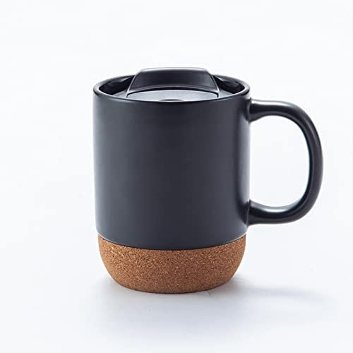 MOGSA Kaffekopp keramisk kaffekopp med lock stänksäker isolering korkbotten tekopp keramiskt handtag kaffekopp-svart