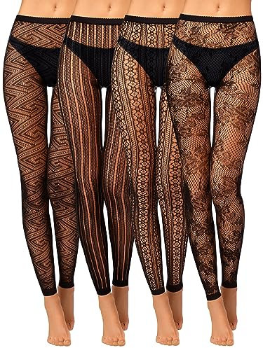 Hicarer 4 Paar Schwarz Netzstrumpfhosen Gotisch Gemustert Strumpfhosen mit Hoher Taille Halloween Fußlos Fischernetz Leggings