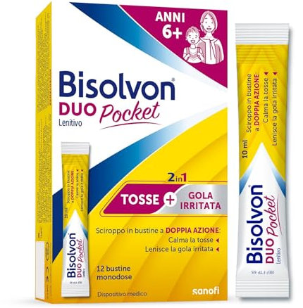 Bisolvon Duo Pocket Sciroppo Tosse, Sciroppo Tosse Secca e Tosse Grassa Adulti e Bambini 6+, Senza Glutine, Senza Lattosio - Calma lo Stimolo a Tossire e dà sollievo alla Gola Irritata (12 Bustine)