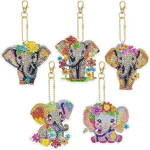 JSRQT 5 delar 5D gör-det-själv diamant nyckelringar dubbelsidiga full borr diamant klistermärken målningssatser elefant diamant klistrad målning nyckelring kit för kvinnor handväska ryggsäck handväska