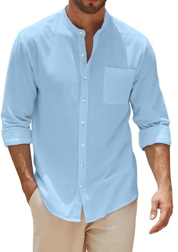 NANAMEEI Chemise Boutonné Homme Chemise Lin Homme Coupe Décontractée de Plage Eté Décontractée Bleu Clair 3XL