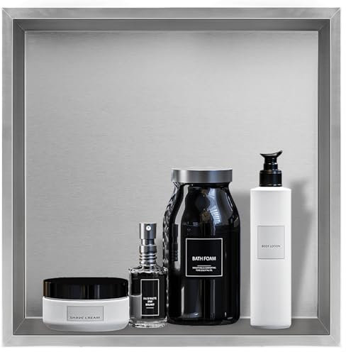 DBREAKS Doccia a parete in acciaio inox, 32 x 32 x 8,5 cm, per doccia, in argento, con nicchia da parete, per bagno, mensola singola