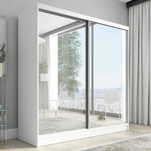 A&J MöbelLand Schwebetürenschrank Ivar Kleiderschrank 200 cm mit Spiegel und Schubladen, moderner Schlafzimmerschrank mit Schiebetüren (Weiß)