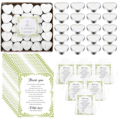 JEFHOMKIT 100 Sets Wedding Gifts for Guests, Heart Shaped Tealight Candles, Thank You Cards & Organza Bags, Mini Wedding Candle Gifts for Guests