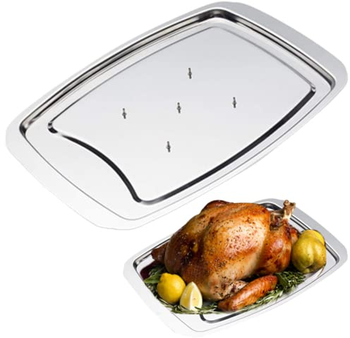SMELEYOU Bandeja de acero inoxidable para tallar carne con pinchos y tapas con pinchos, bandeja de servir antideslizante pulida para pavo para rebanar, cortar y decoración de Navidad