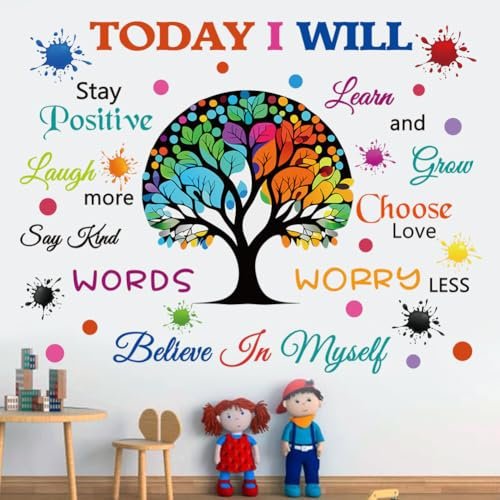 Colorful Inspirational Wall Decals Motivational Quote Today I Will Wall Stickers for Bedroom Classroom Peel and Stick Wall Decals Positive Saying Sticker (Tree Style)
