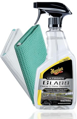Auto Glasreiniger und Versiegelung Set | Meguiar's Ultimate Glass Cleaner & Water Repellent + 2x Glasreinigungstücher | Effizienter Scheibenreiniger mit Abperleffekt für Autoscheiben