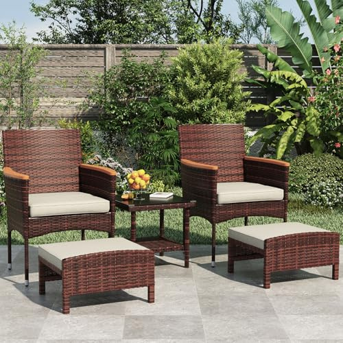 ARTBUSKE 5 PCS Outdoor Patio Furniture Set with Table&Ottoman Outdoor Furniture Patio Set Bistro Wicker Patio Set (Brown Wicker&Khaki Cushion, 5PC - 2 Chair + 2 Ottoman + 1 Table)
