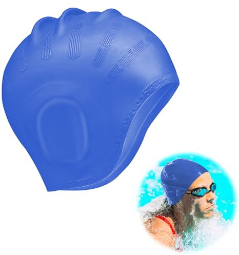 Badekappe Gehörschutz 3D, Badehaube Bademütze Ohrenschutz Wasserdicht Damen Herren Mädchen Jungen, Schwimmkappe Schwimmhaube Badekappen für Schwimmer, Swimming Cap für Kurze und Lange Haare (Blau)