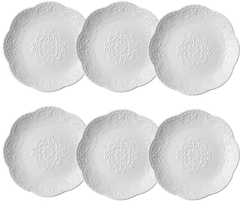 Mageeki 6 inch Embossed Ceramic Dessert Plates, Set of 6 White Dinner Plates for Appetizers, Salad, Cake, Bread, Snacks, Serving Dishes for Home, Party, and Restaurant Use