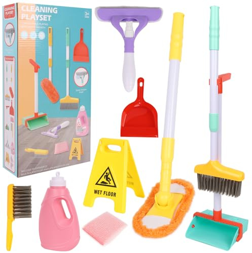 Greyghost Ensemble de jouets de nettoyage pour enfants avec balai à franges et brosse à poussière réglables, 14 pièces d'outils de nettoyage pour enfants, kits d'apprentissage précoce, jouets