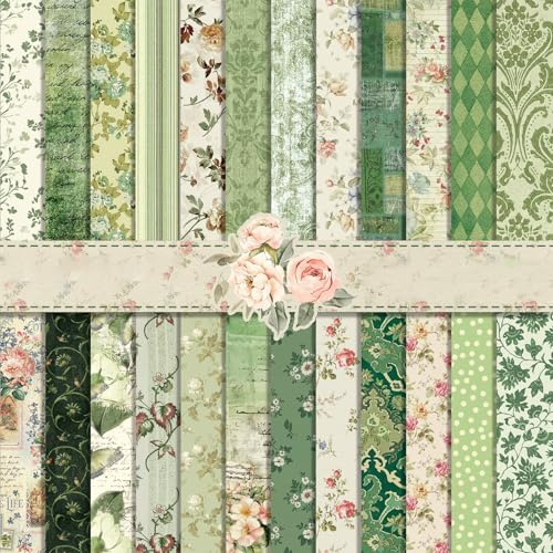 MerwDeeyt Scrapbook Papier 15x15 cm Bastelpapier mit Blumen und Blatt Muster, 24 Blatt Doppelseitiges Frühling Motivpapier Grün Dekopapier für Journal Scrapbooking