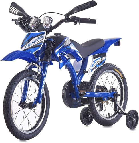 LSBIKE 16”/18/20” Kids Motorbike Style Bicycle Simulated Motorbike Sound with Training Wheels, Kid Bike w/Dual Brake, 90% Pre-Assembled, Steel Frame – Boys & Girls Bike for Ages 4–13 (Blue, 18inch)