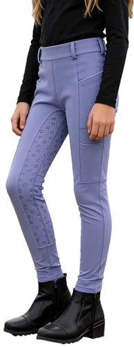 Runhomal Kids Girls Boys Equestrian Breeches with Pockets Anti-Slip Full Seat Pants Horse Riding Tights Sweatpants Purplish Blue 11-12 Years