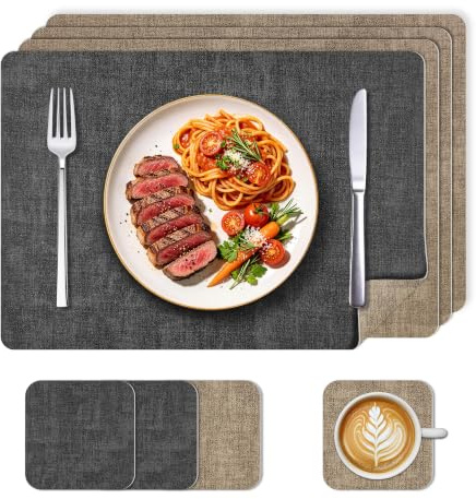 KitchenBoss Manteles Individuales Lavables y Posavasos, Juego de 4 Salvamanteles Individuales, Resistentes a Las Manchas y Antideslizantes para Cocina y Comedor, 43 x 30 cm (Gris/Beige)