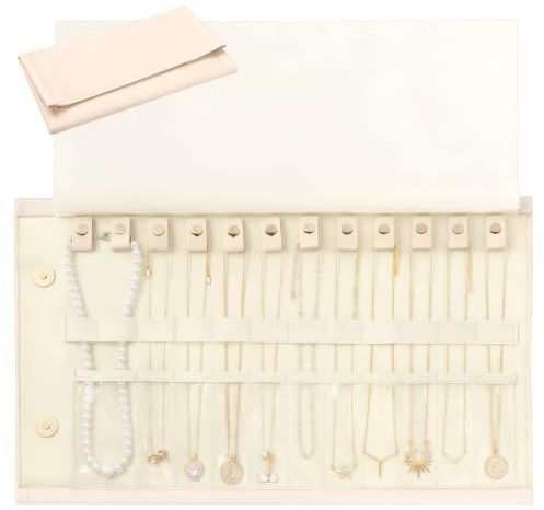 Bpyhebe Portable Foldable PU Necklace Travel Jewelry Organizer Roll Anti-Tangle 12 Hooks Storage Bag(Beige)