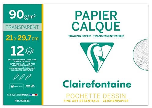 Clairefontaine 97853C - Pochette Dessin Scolaire - 12 Feuilles Papier Calque Hautement Transparent - A4 21x29,7 cm 90/95g - Idéal pour le Dessin Technique