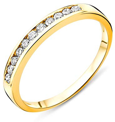 Miore Anillo de mujer de oro amarillo de 14 quilates con diamantes de 14 quilates (585) con diamantes de 0,20 ct, hecho a mano, regalo con caja de regalo, Oro amarillo