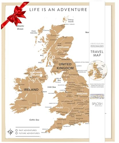 Splosh Reisekarte – Pinnwand Großbritannien und Irland für den Schreibtisch in Weiß mit Holzrahmen Reisetafel mit 100 Pins in 2 Farben um deine bisherigen und zukünftigen Abenteuer zu markieren