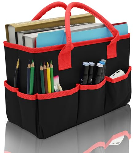 Cupohus Art Organizer Craft Storage Tote Bag with Pockets and Hadles, Oxford Fabric Carrying Caddy for Teacher, Officer, Artist, Students, Traveler, and more – Black with Red Edge