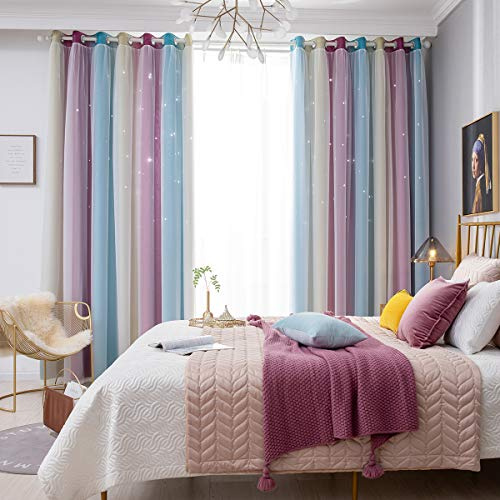 ele ELEOPTION Stars Blackout Curtains, Cut Out Stars Drapery with Eyelet, for Kids Girls Bedroom Living Room Colorful Double Layer Star Window Curtains, 1 Panel (Purple, 53 W x 63 L (134x160cm))