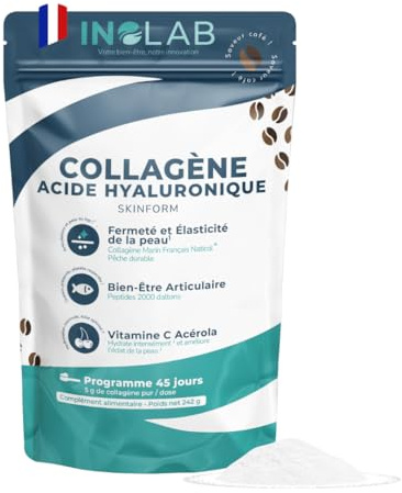 Inolab Colágeno marino hidrolizado puro ácido hialurónico acérola 5225miligrams 45 días/patente premium Naticol : efectos clinicamente comprobados/sabor natural de cafe