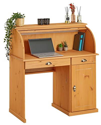 IDIMEX Bureau secrétaire Tom avec volet Roulant Rangement 2 tiroirs et 1 Porte avec étagère, en pin Massif lasuré Brun