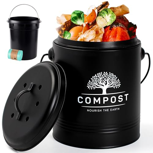 Perfnique kökskompostfack, 3 liter bänkskiva, kompostbehållare med lock, inomhus komposthink inkluderar inre hinkfoder och kolfilter, liten komposthink (svart med väskor)