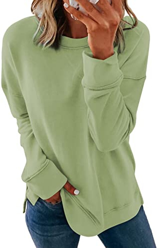 Dokotoo Womens Casual Long Sleeve Crewneck Sweatshirt Side Split Loose Fit Solid Basic Pullover Tunic T Shirts Tops Sweatshirts for Women 2026 Fashion Fall Green Large