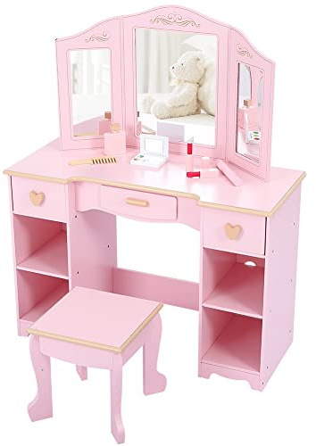 EGFheal Kids Vanity Set with Mirror and Drawer - Girls' Vanity Table and Chair Set with Wood Makeup Playset, Perfect for 3-9 Yr, Pink, PINK102PA