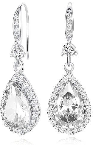 Diamond Dangle Earrings for Women Silver/Gold Plated Crystal Rhinestone Birthstone Drop Dangling Teardrop Earring Set Wedding Costume Jewelry Gift for Women White Gold Plated Diamond