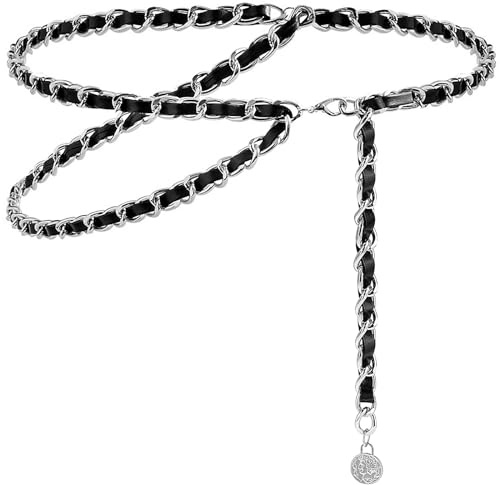 LIMHOO Cintura a Catena in Pelle per Donna, Cintura da Vita in Metallo Stratificata Regolabile per Abito, Gilet, Jeans, XL: 150 cm (59.1 in)