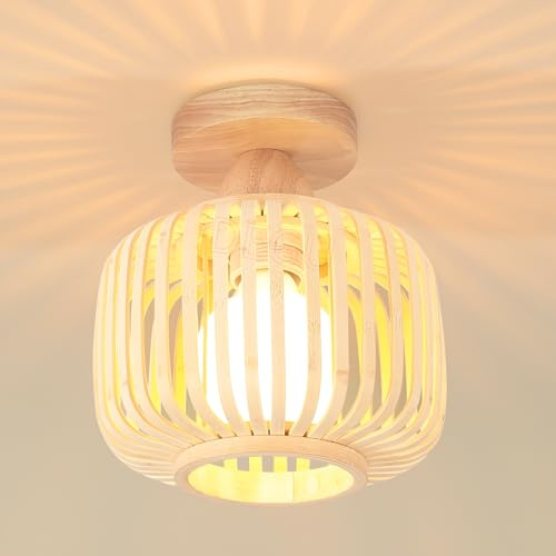iDEGU Retro-taklampa av trä och bambu, industriell lampskärm, E27, burdesign, vintage, pendellampa, LED, taklampor för sovrum, vardagsrum, entré, hall, café (18 cm)