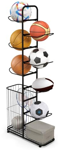 GYMAX Porta Palloni con Cestino a 7 Livelli, Supporto per Pallacanestro Verticale Autoportante, Organizzatore di Attrezzature Sportive da Garage con Aste Rimovibili, Cestino Laterale per Palloni