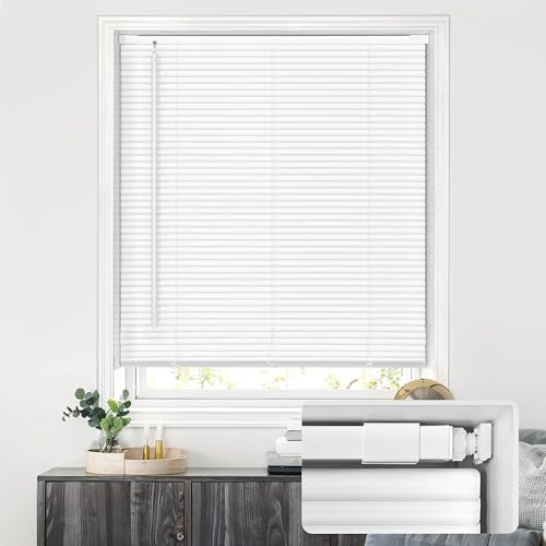 LazBlinds No Drill Blinds for Indoor Windows, Cordless 1 Vinyl Mini Blinds, Privacy S-Curve Blinds for Windows, Room Darkening Horizontal Window Blinds and Shades for Home, 20 W x 36 H, White