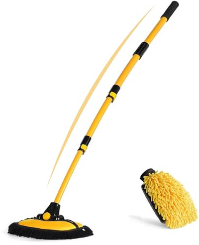 Zanmuk Teleskop Waschbürste mit Teleskopstiel Autowaschbürste - 15° Gebogene Rotierender Autowischmopp mit Langem Griff Aus Aluminiumlegierung