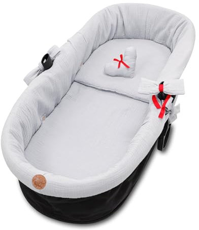 Stubenwagen Umrandung Musselin - Nestchen für Kinderwagen und Buggy Babybett Zubehör Babywanne und Kinderwagenzubehör Set 3-teilig Schonbezug mit Kissen und Einlage Grau