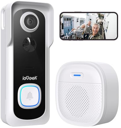 ieGeek 2K Sonnette sans Fil Exterieur Etanche, Sonnette Vidéo avec Caméra Compatible Alexa, Install Facile, Détection IA, IP66 Étanche,Vision Nocturne, Stockage Cloud, WiFi 2,4 GHz Uniquement (Blanc)