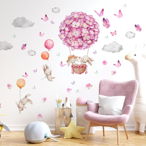 Purekay Väggdekaler Barn Rosa Varmluftsballong Djur Ballonger Blommor Kanin För Sovrum Flickor Barnrum Barnrum Vardagsrum