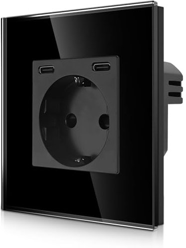 CNBINGO Single socket with 2 x type C (USB port 20 W fast charging), simple Schuko glass socket, flush-mounted, black wall socket with child safety lock